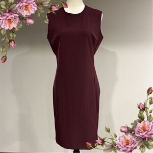Of Mercer burgundy sleeveless scoop neck fitted knee length dress